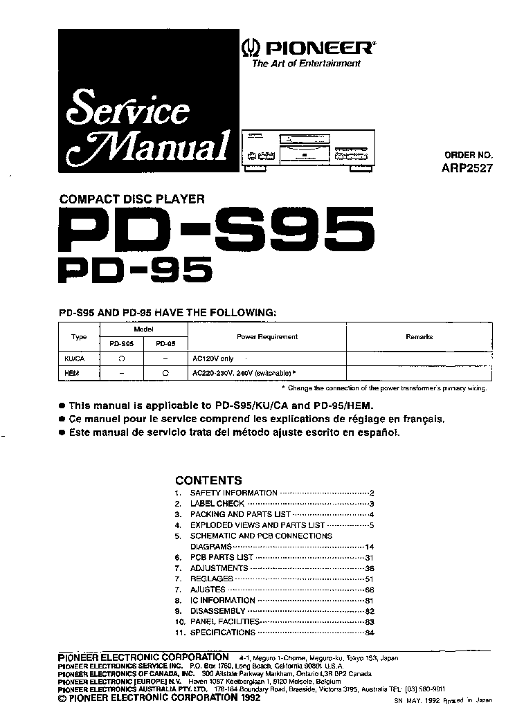 PIONEER PD95 PDS95 service manual (1st page)