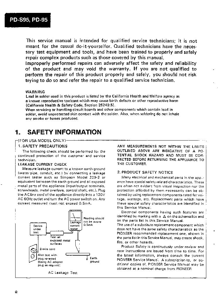 PIONEER PD95 PDS95 service manual (2nd page)