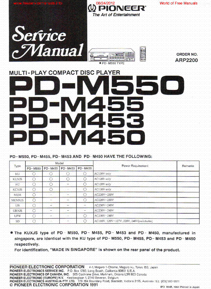 PIONEER PD M550 service manual (1st page)