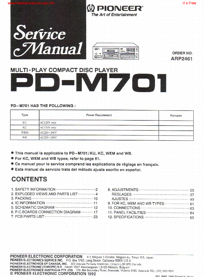 PIONEER PD M701 service manual (1st page)
