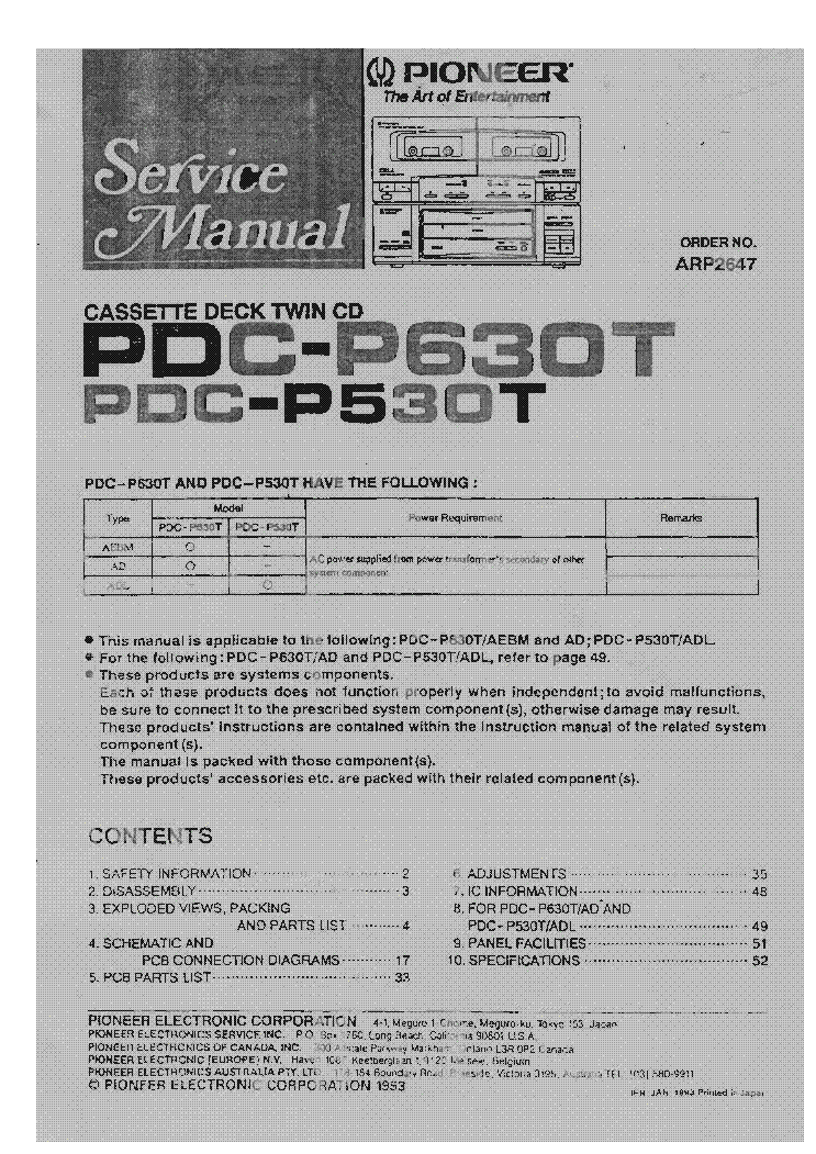 PIONEER PDC-P630T PDC-P530T ARP2647 service manual (1st page)