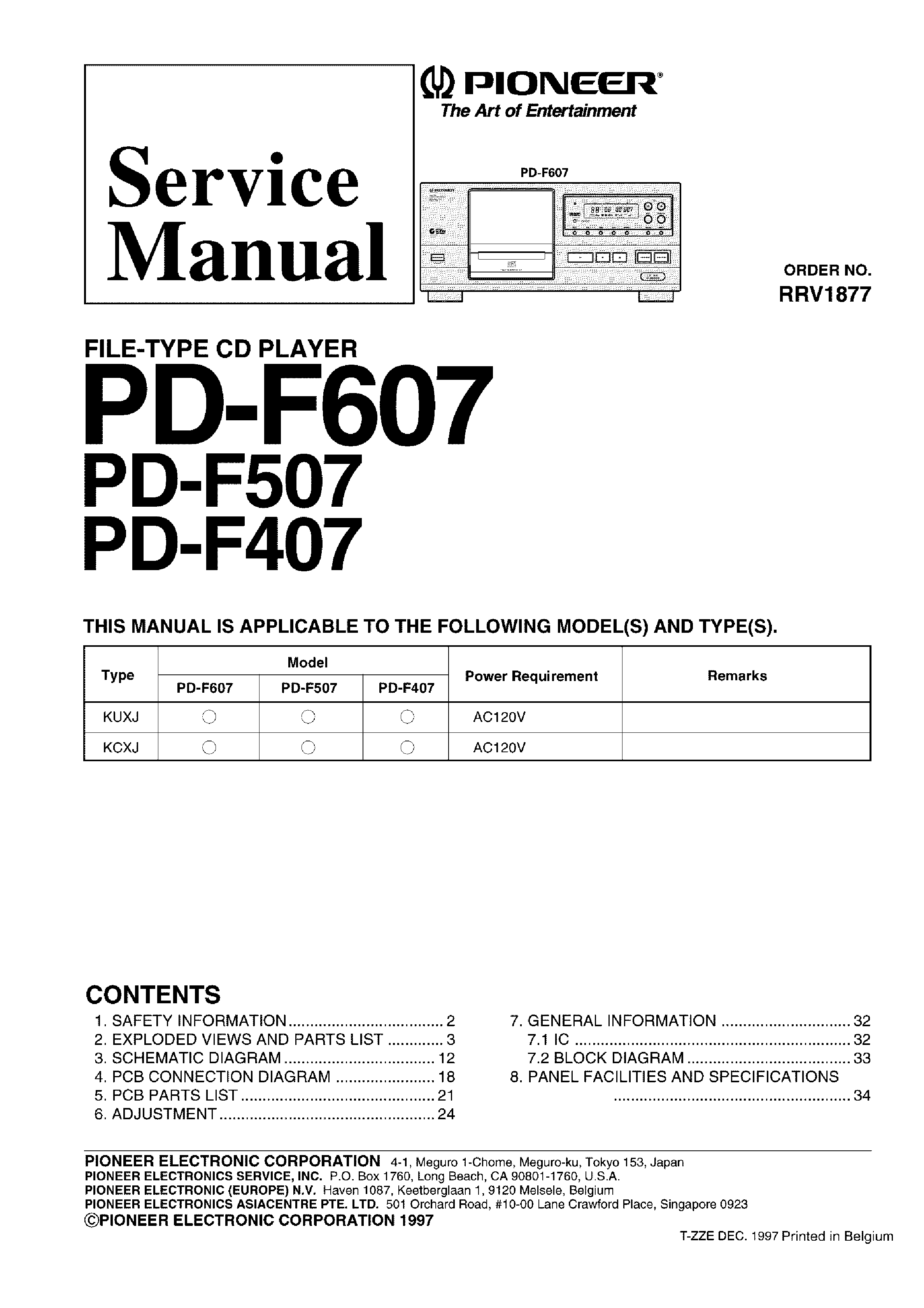 PIONEER PDF407 PDF507 PDF607 service manual (1st page)