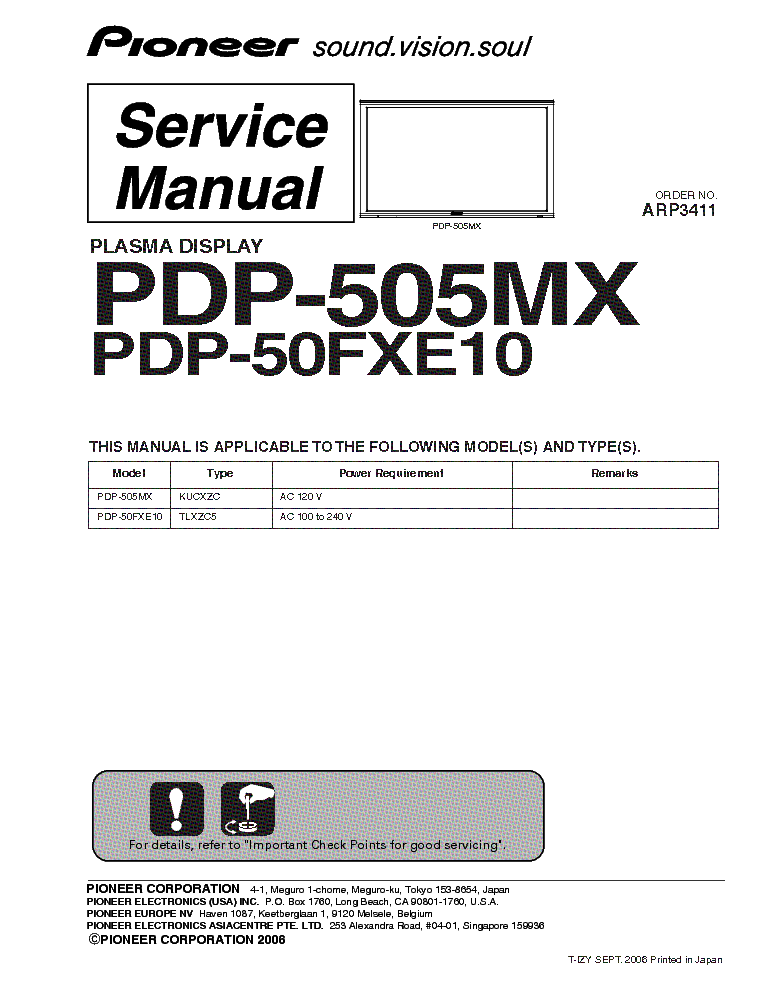 PIONEER PDP-505MX PDP-50FXE10 service manual (1st page)