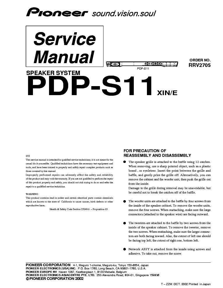 PIONEER PDP-S11 service manual (1st page)