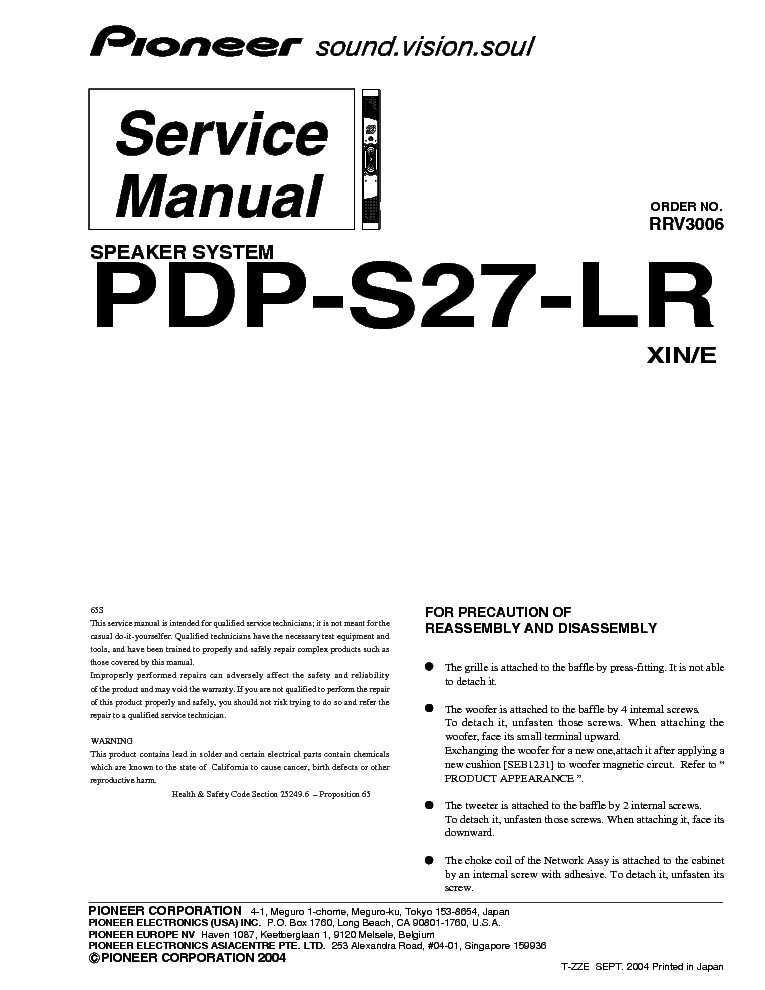 PIONEER PDP-S27-LR Service Manual download, schematics, eeprom, repair