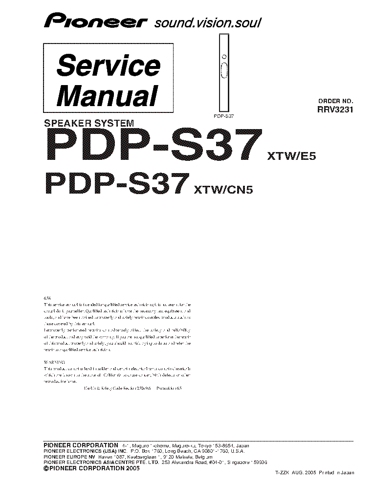 PIONEER PDP-S37 RRV3231 service manual (1st page)