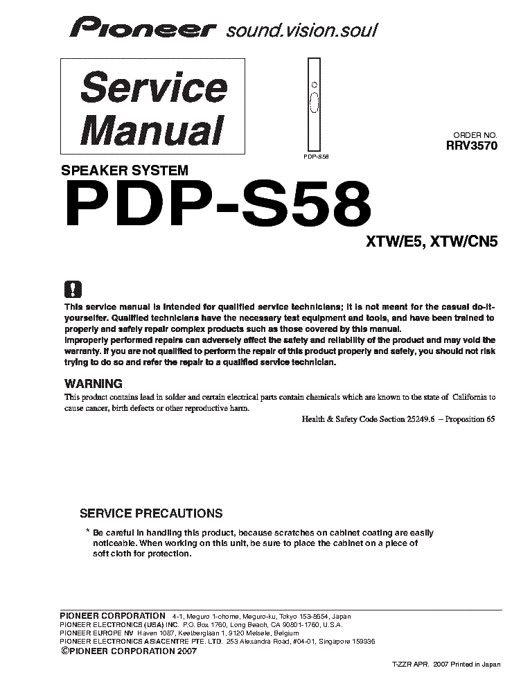 PIONEER PDP-S58 service manual (1st page)