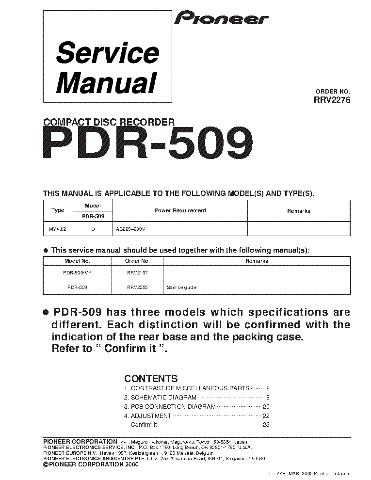 PIONEER PDR-509 RRV2276 service manual (1st page)