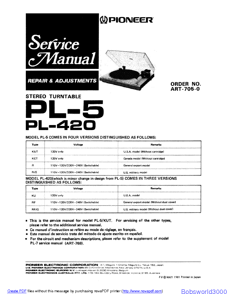 PIONEER PL-420 SM service manual (1st page)