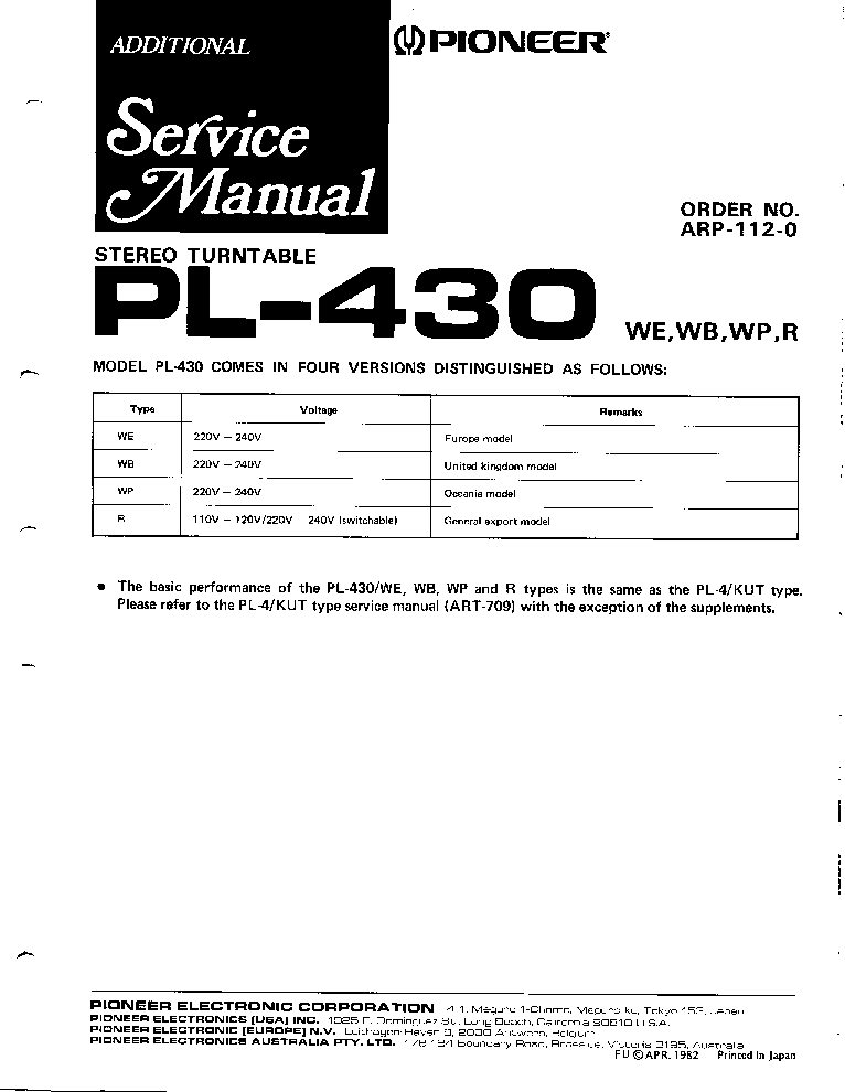 PIONEER PL-430 SM service manual (1st page)