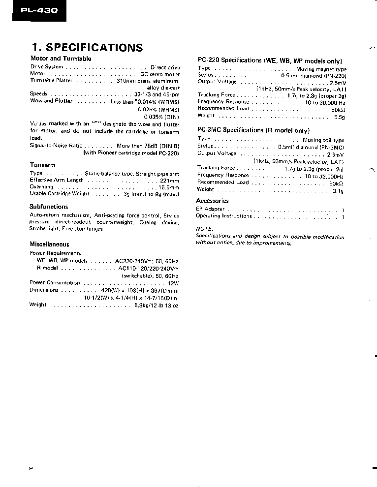PIONEER PL-430 SM service manual (2nd page)