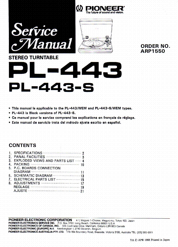 PIONEER PL-443 service manual (1st page)