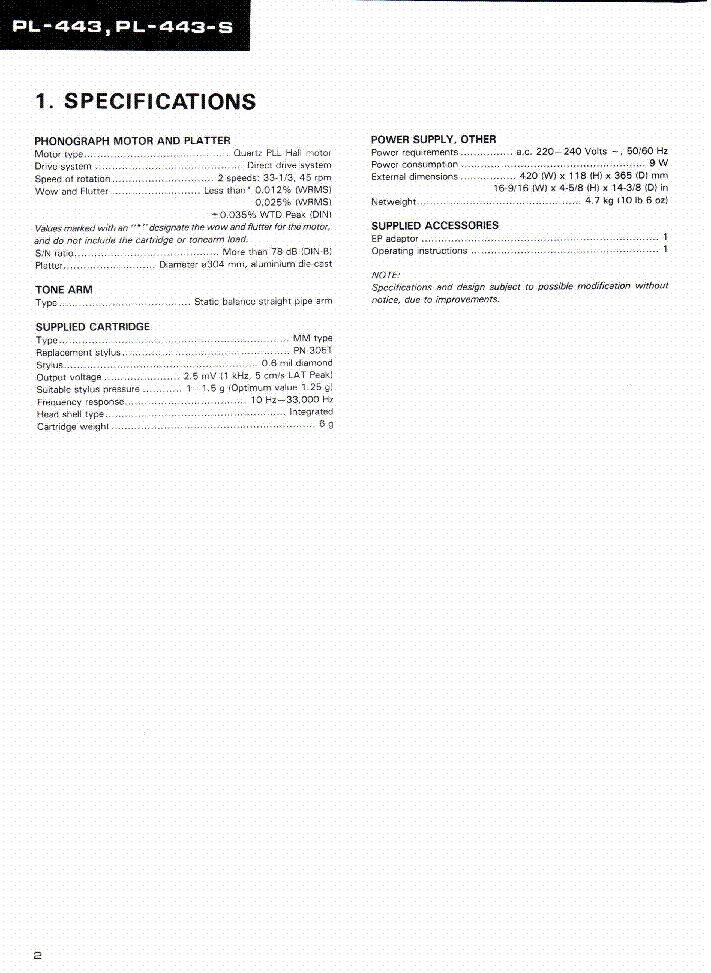 PIONEER PL-443 service manual (2nd page)