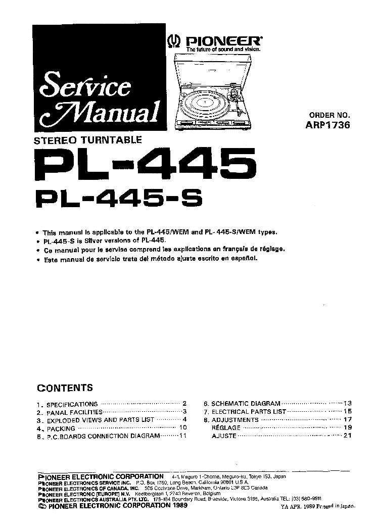 PIONEER PL-445 SM service manual (1st page)