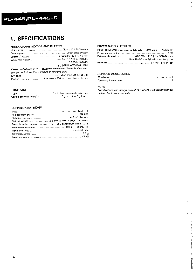 PIONEER PL-445 SM service manual (2nd page)
