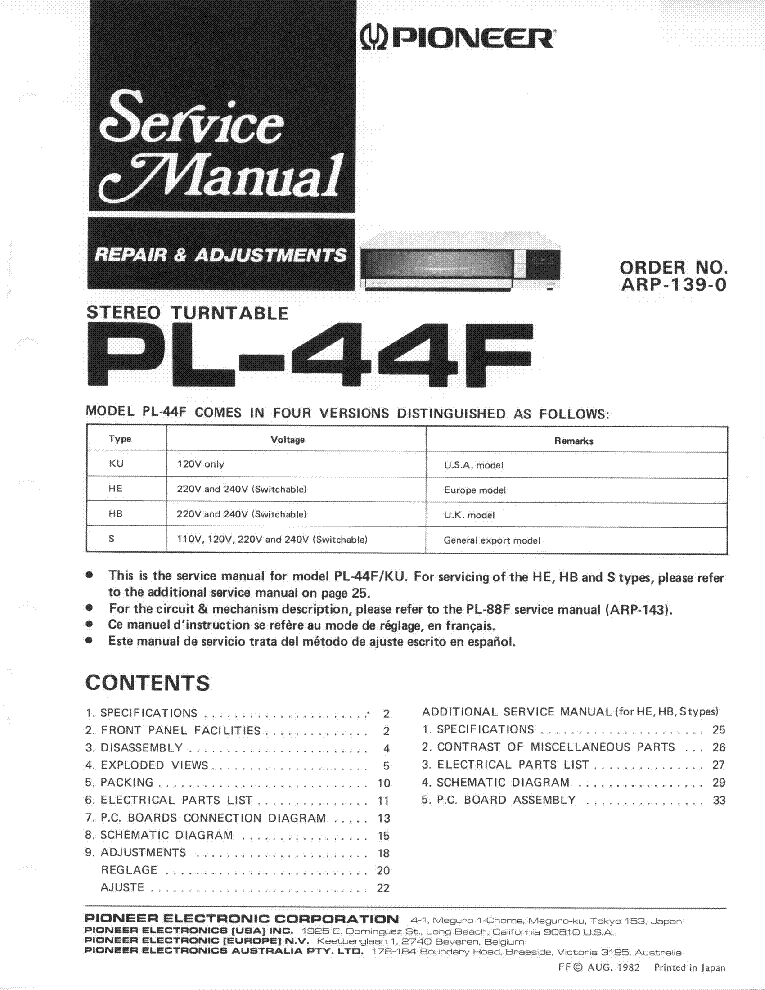 PIONEER PL-44F SM service manual (1st page)