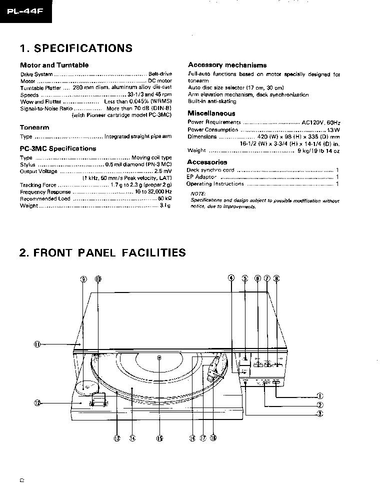 PIONEER PL-44F SM service manual (2nd page)