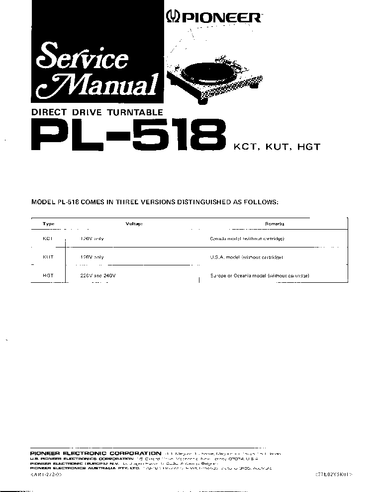 PIONEER PL-518 service manual (1st page)