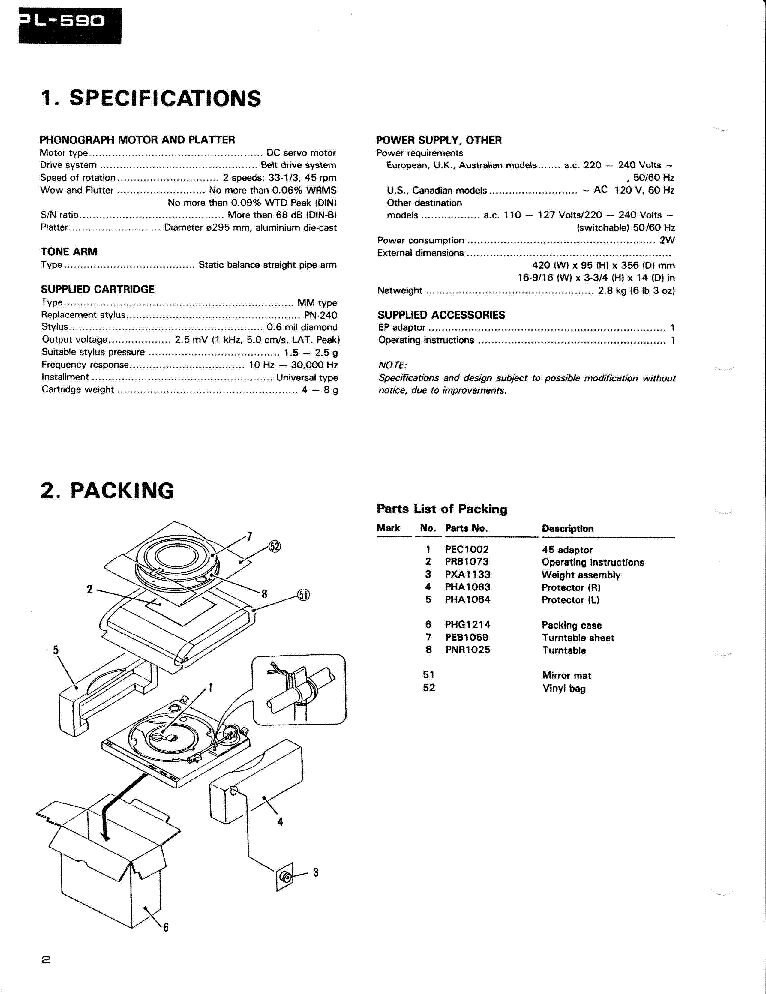 PIONEER PL-590 PL-333 ARP1553 TURNTABLE service manual (2nd page)
