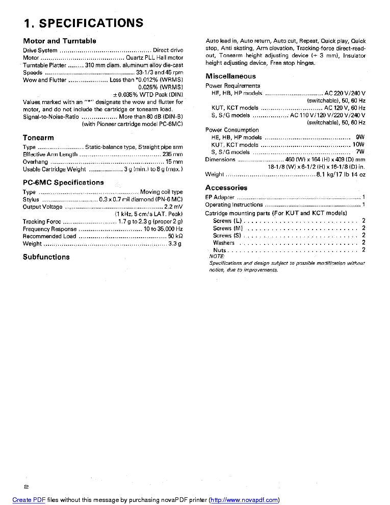 PIONEER PL-707 SM service manual (2nd page)