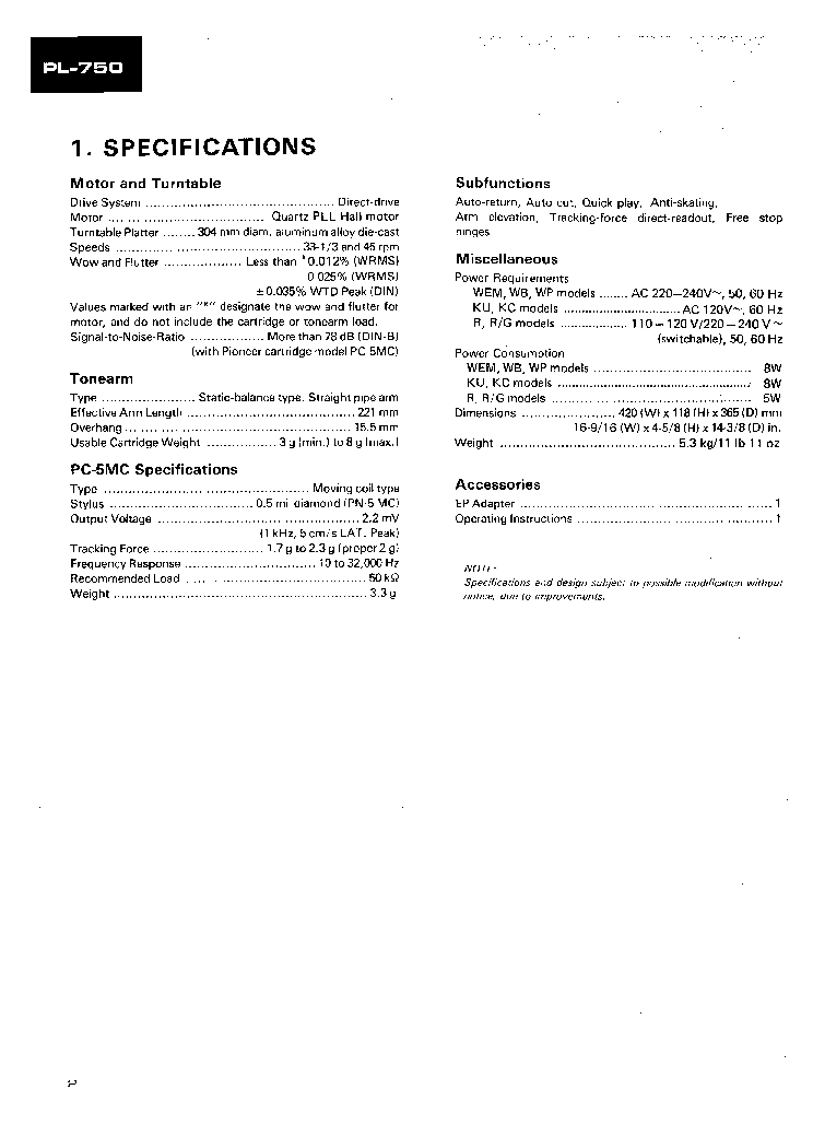 PIONEER PL-750 service manual (2nd page)