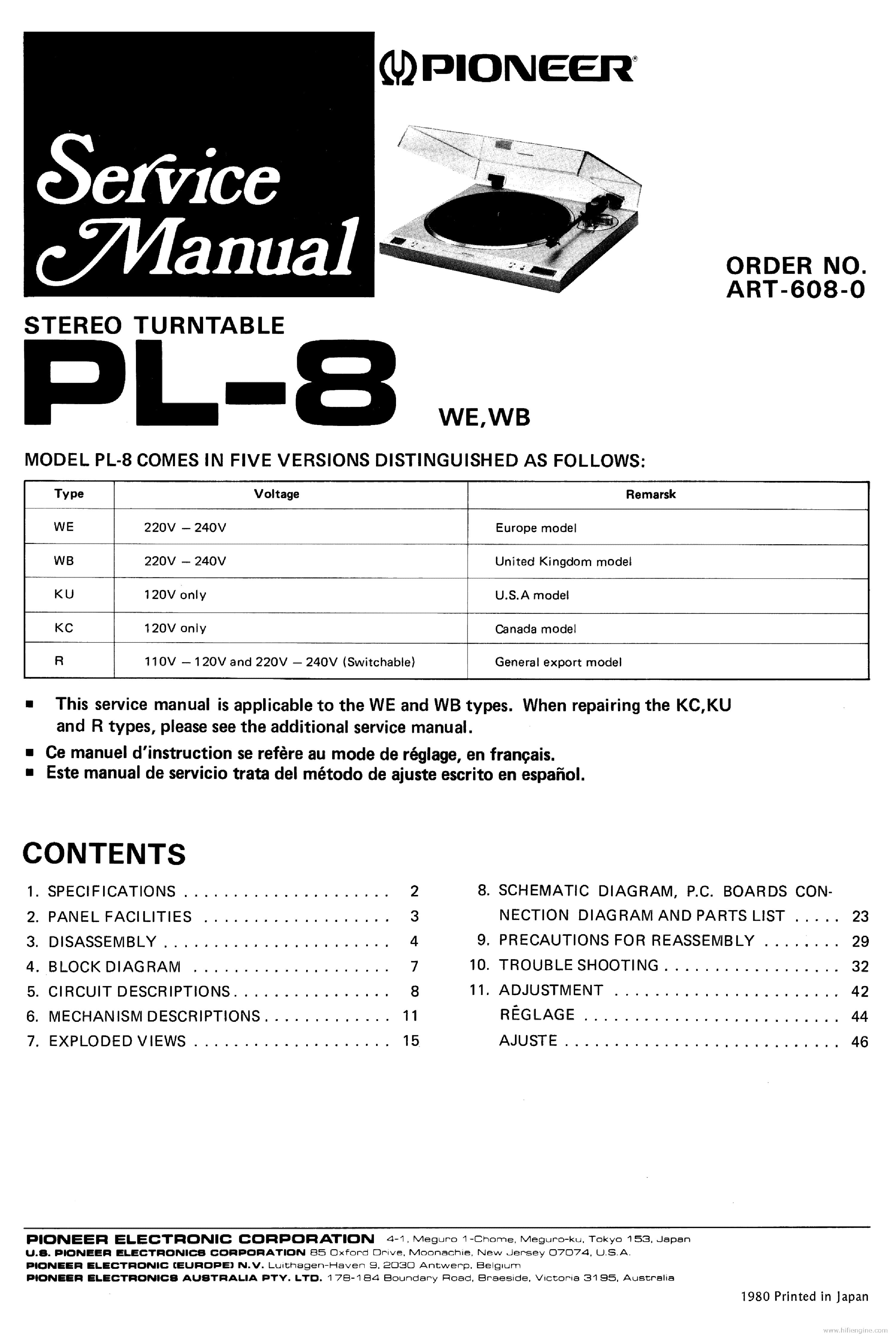 PIONEER PL-8WE,WB ART6080 TURNTABLE SM service manual (1st page)