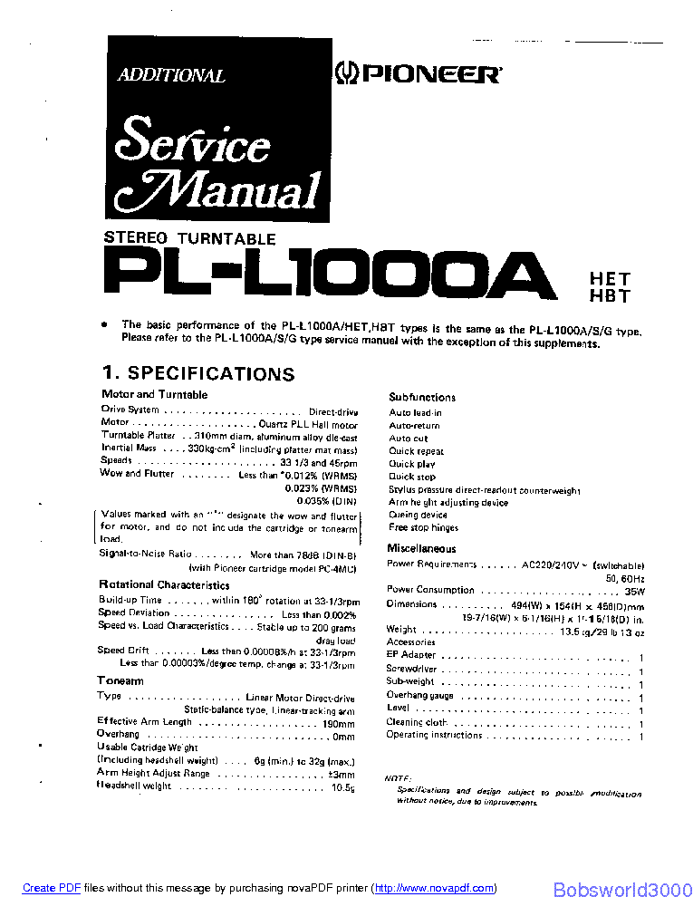 PIONEER PL-L1000A SM-ADD service manual (1st page)