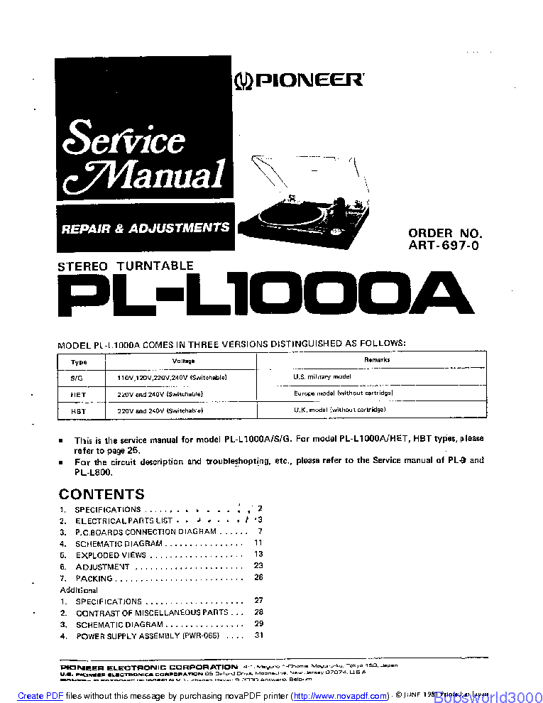 PIONEER PL-L1000A SM service manual (1st page)
