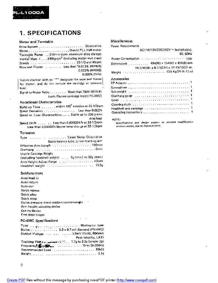 PIONEER PL-L1000A SM service manual (2nd page)