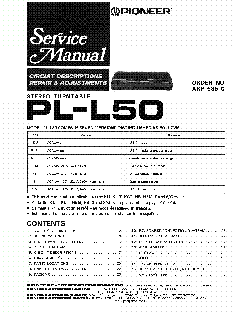 PIONEER PL-L50 ARP6850 TURNTABLE service manual (1st page)