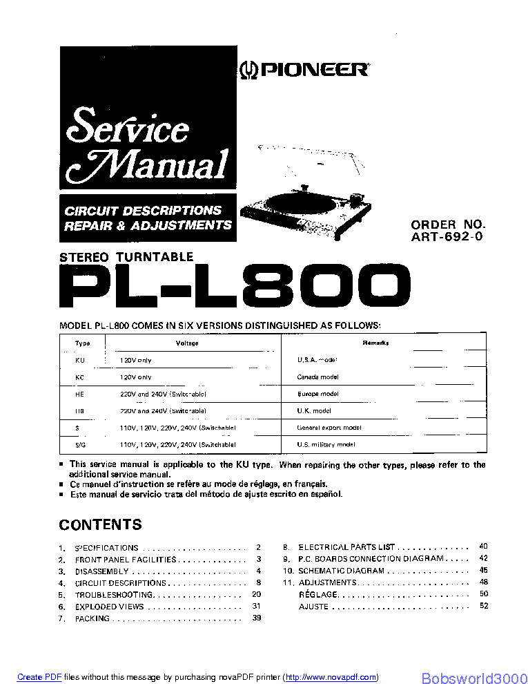 PIONEER PL-L800 SM service manual (1st page)