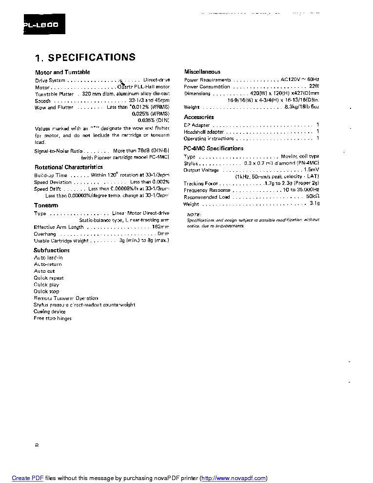 PIONEER PL-L800 SM service manual (2nd page)