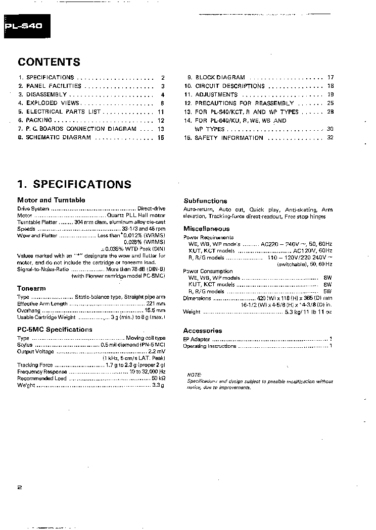 PIONEER PL-S40 PL-640 TURNTABLE service manual (2nd page)