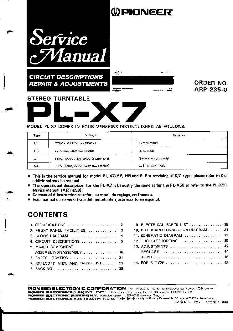PIONEER PL-X7 SM service manual (1st page)