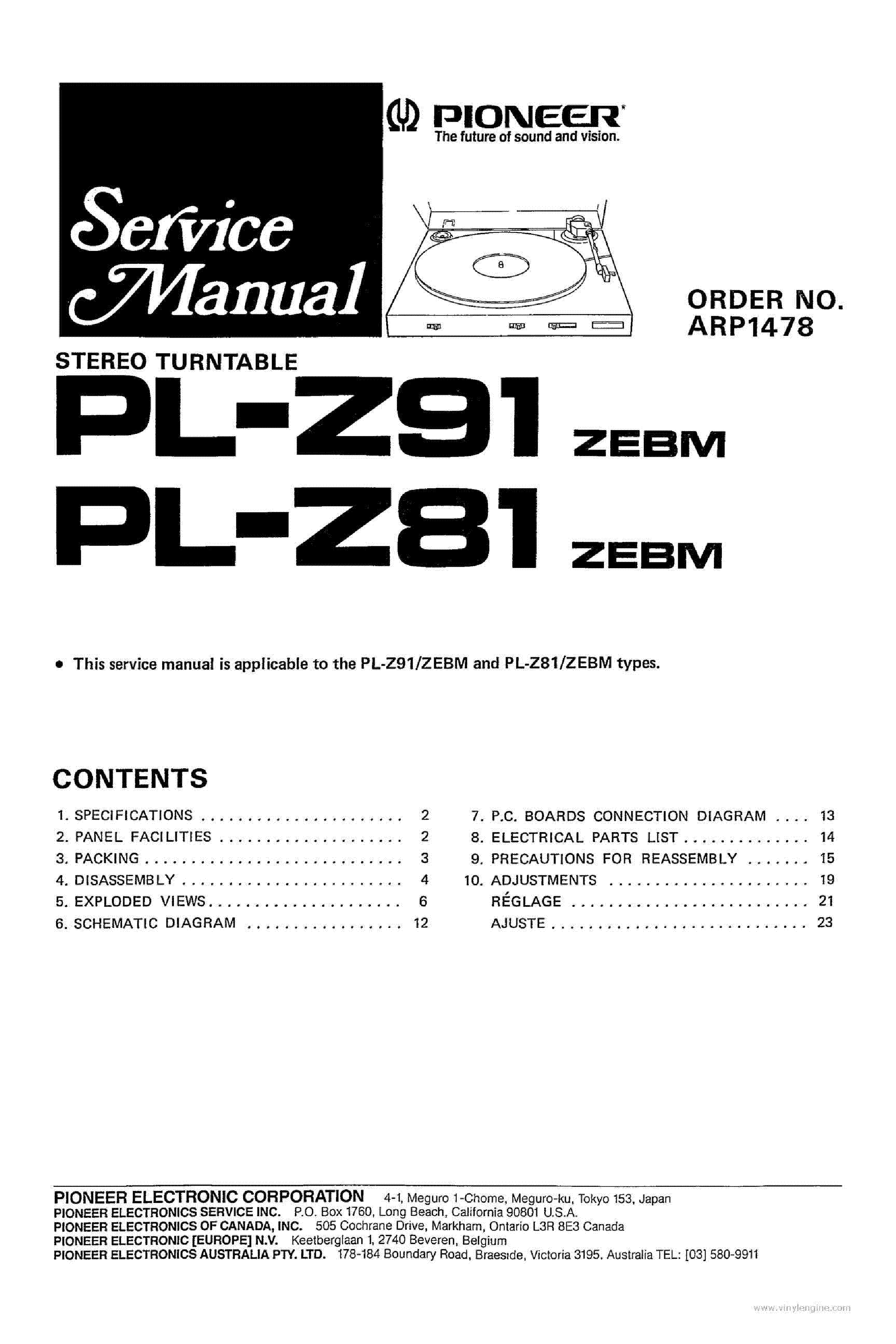 PIONEER PL-Z81 Z91-ZEBM STEREO TURNTABLE ARP1478 SM service manual (1st page)