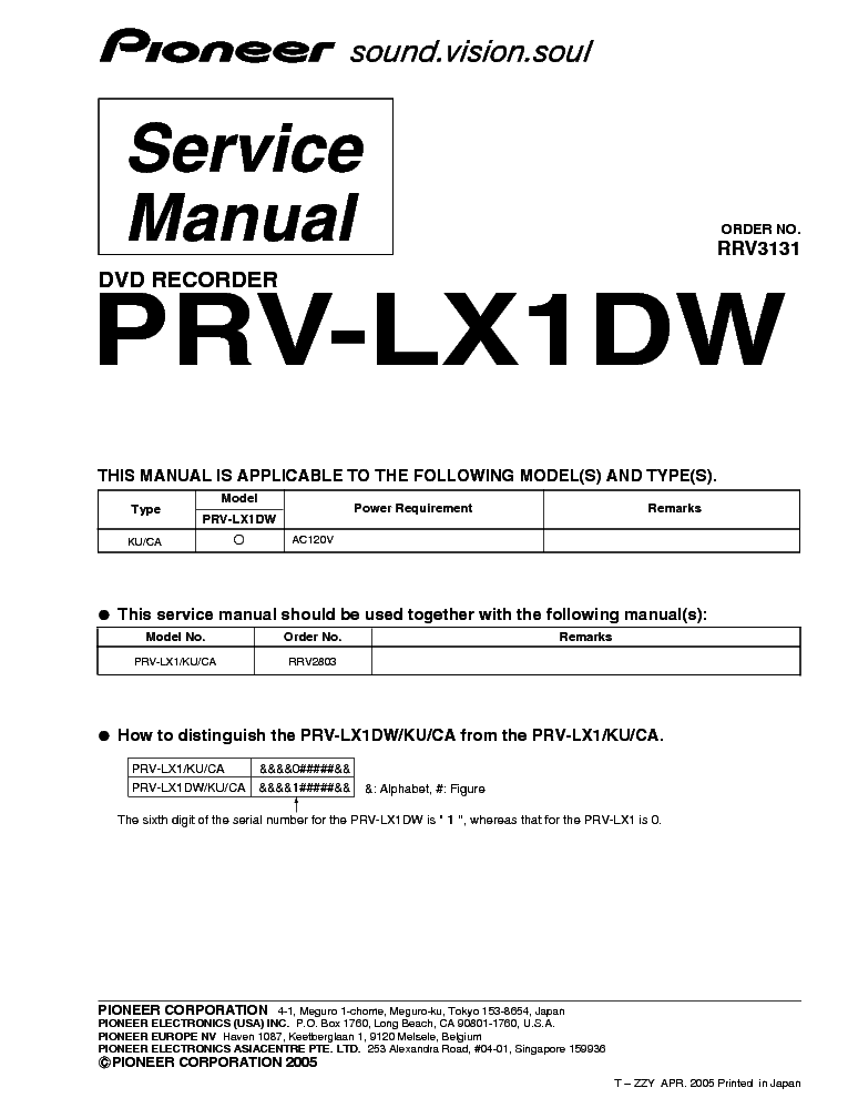 PIONEER PRV-LX1DW service manual (1st page)