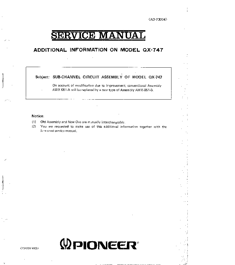 PIONEER QX-747 SUB-CHANNEL ASSEMBLY 4-CHANNEL RECEIVER SUPPL. SM service manual (1st page)