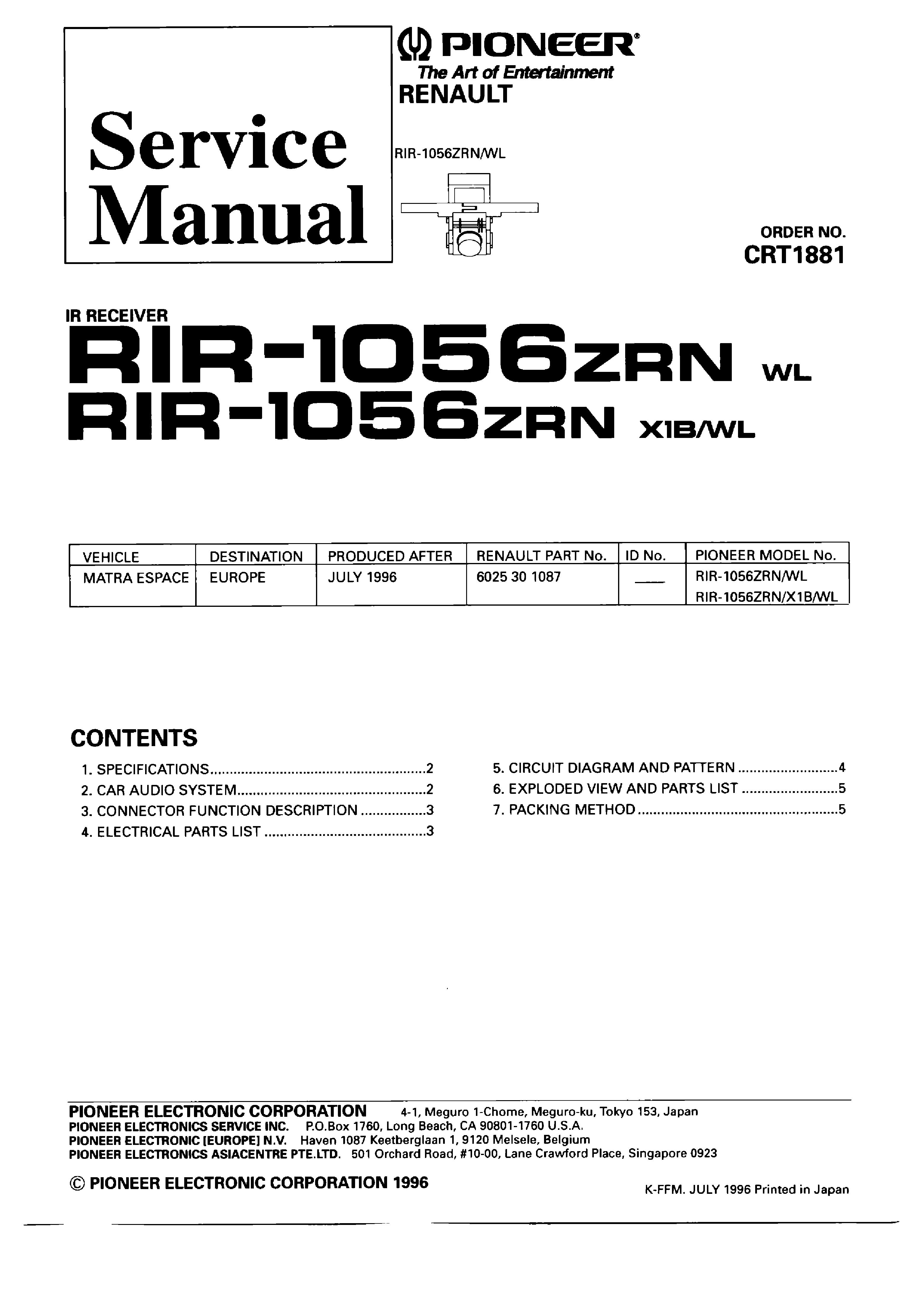 PIONEER RIR-1056ZRN RENAULT CRT1881 service manual (1st page)