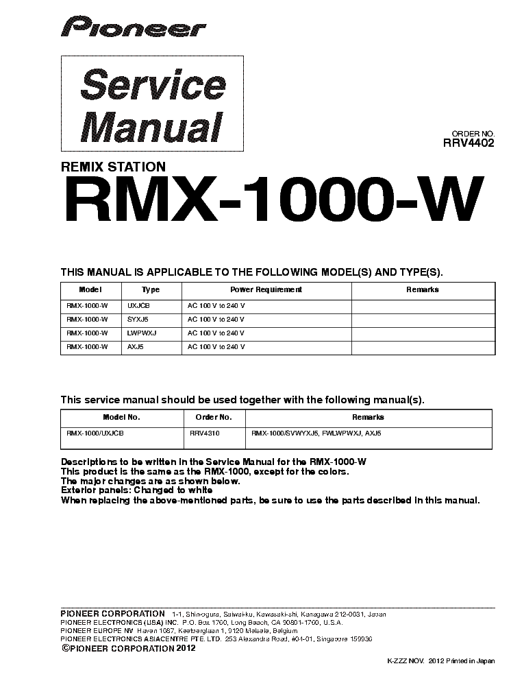 PIONEER RMX-1000-W RRV4402 REMIX STATION service manual (1st page)