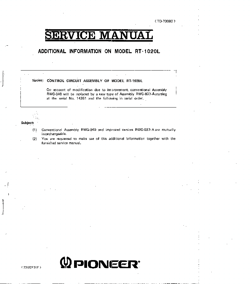 PIONEER RT 1020L CONTROL CIRCUIT ASSEMBLY STEREO TAPE DECK SUPPL. SM service manual (1st page)