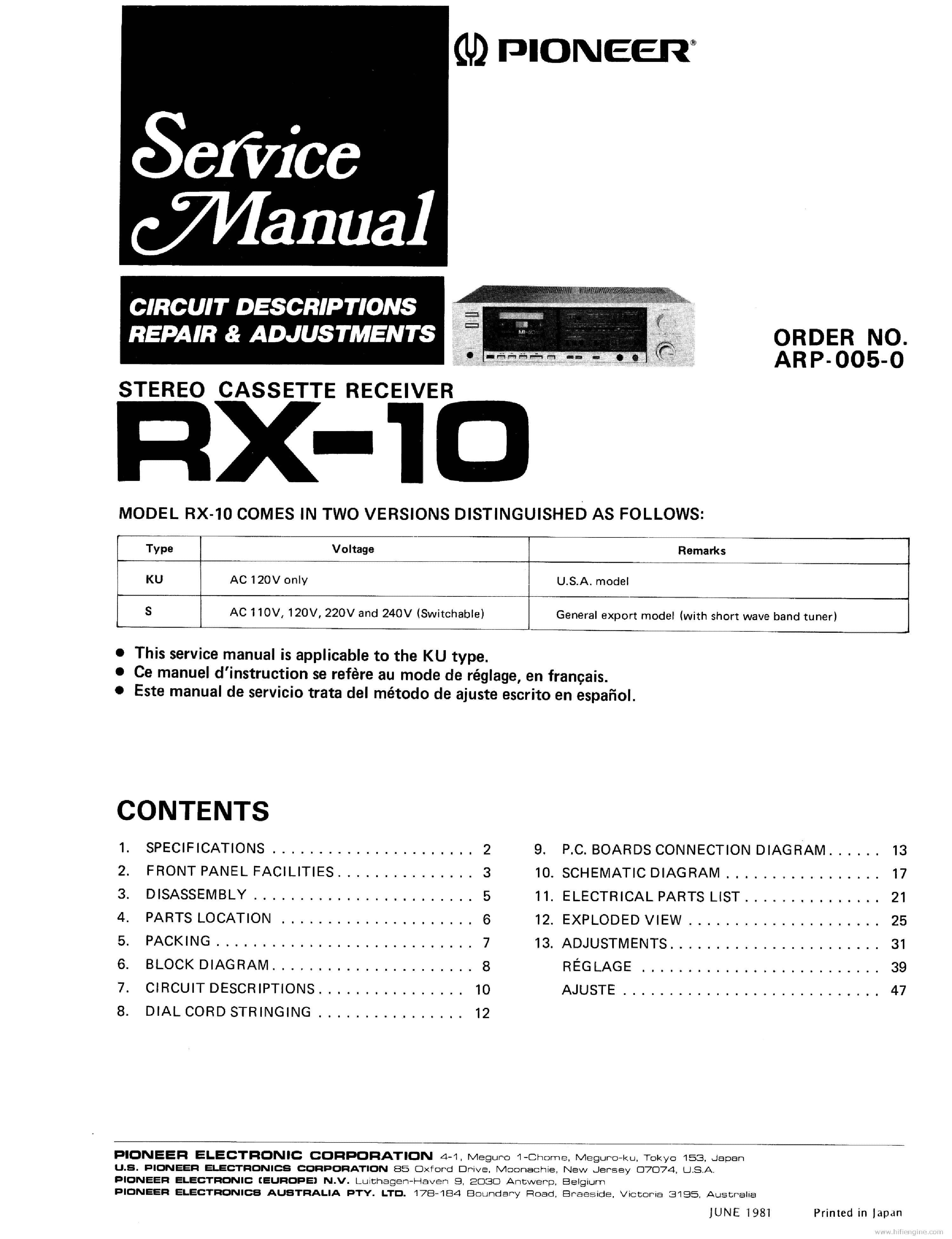PIONEER RX-10 ARP0050 service manual (1st page)