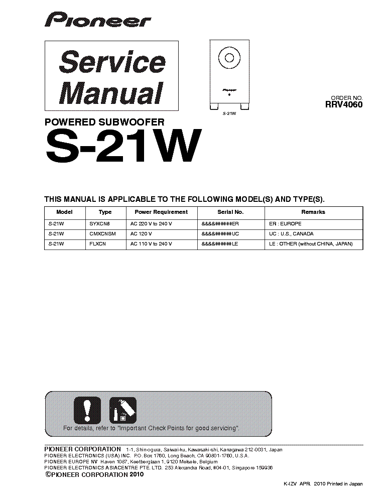 taske svar hellige PIONEER S-21W RRV4060 SUBWOOFER Service Manual download, schematics,  eeprom, repair info for electronics experts