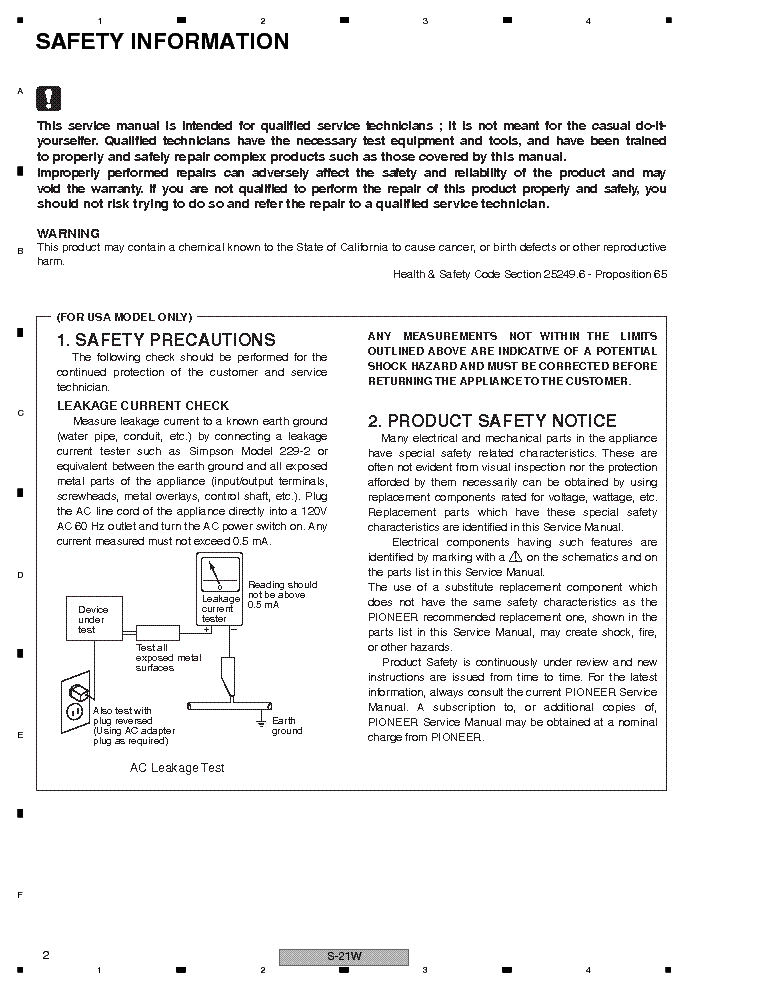 PIONEER S-21W RRV4060 SUBWOOFER service manual (2nd page)