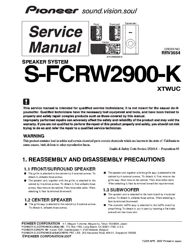 PIONEER S-FCRW2900-K EXPLODED-VIEWS AND PARTS-LIST service manual (1st page)