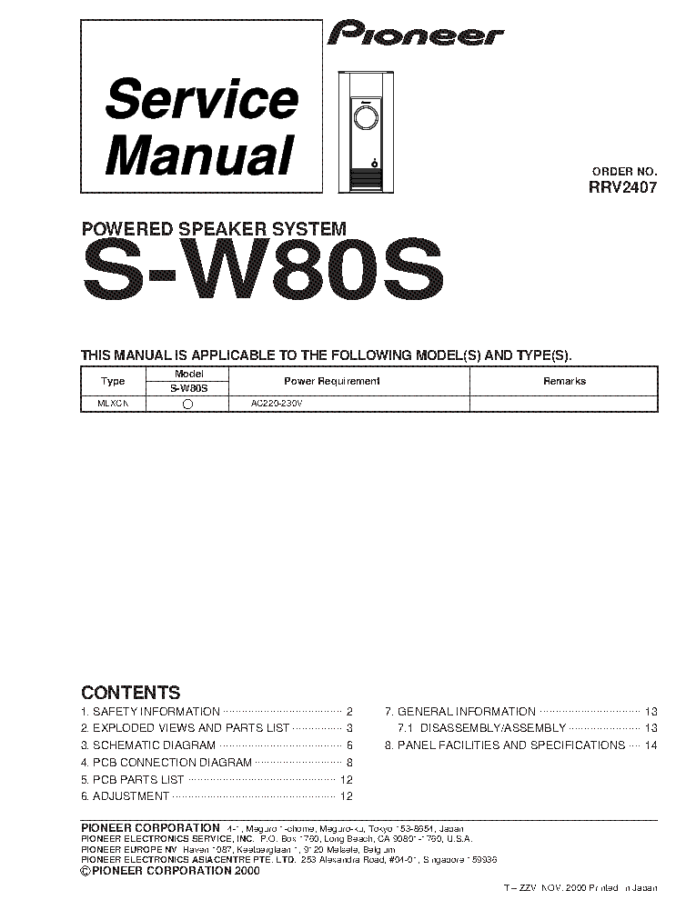 PIONEER S-W80S RRV2407 service manual (1st page)
