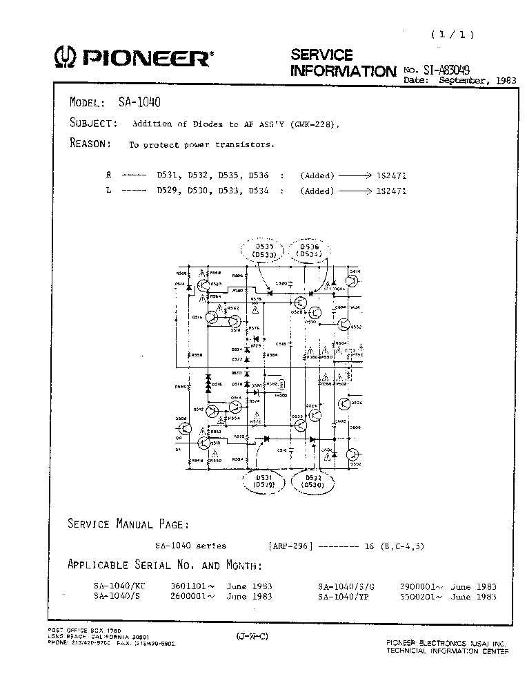 PIONEER SA-1040 SI-A83049 SERVICE INFO service manual (1st page)
