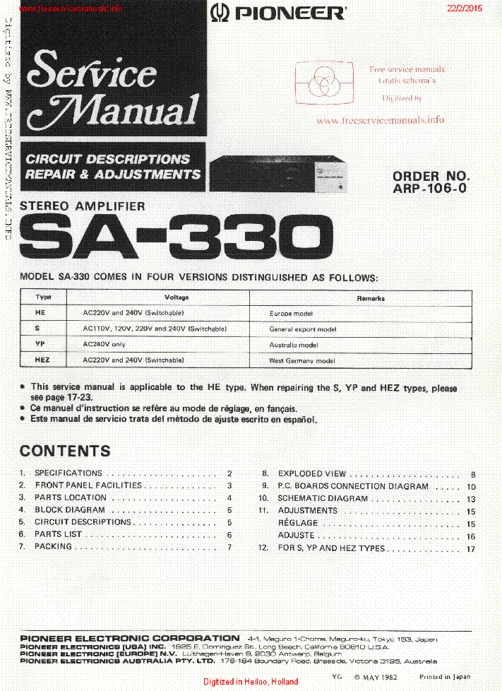 PIONEER SA-330 ARP-1060 STEREO PA 1982 SM service manual (1st page)
