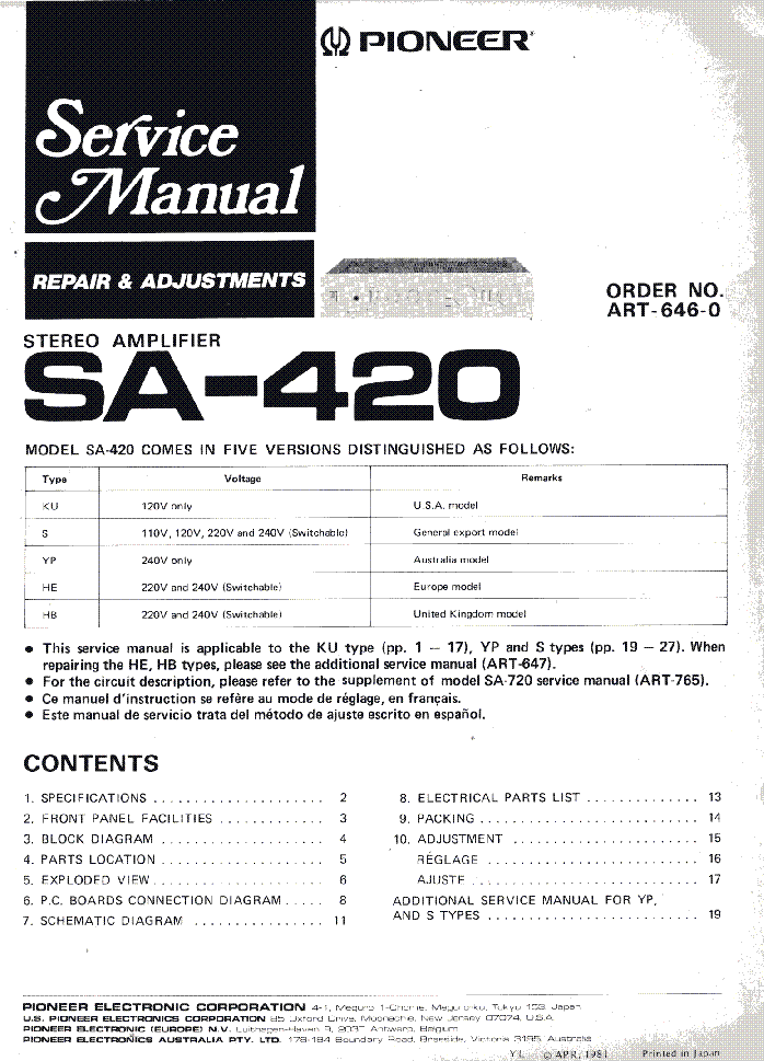 PIONEER SA-420 service manual (1st page)