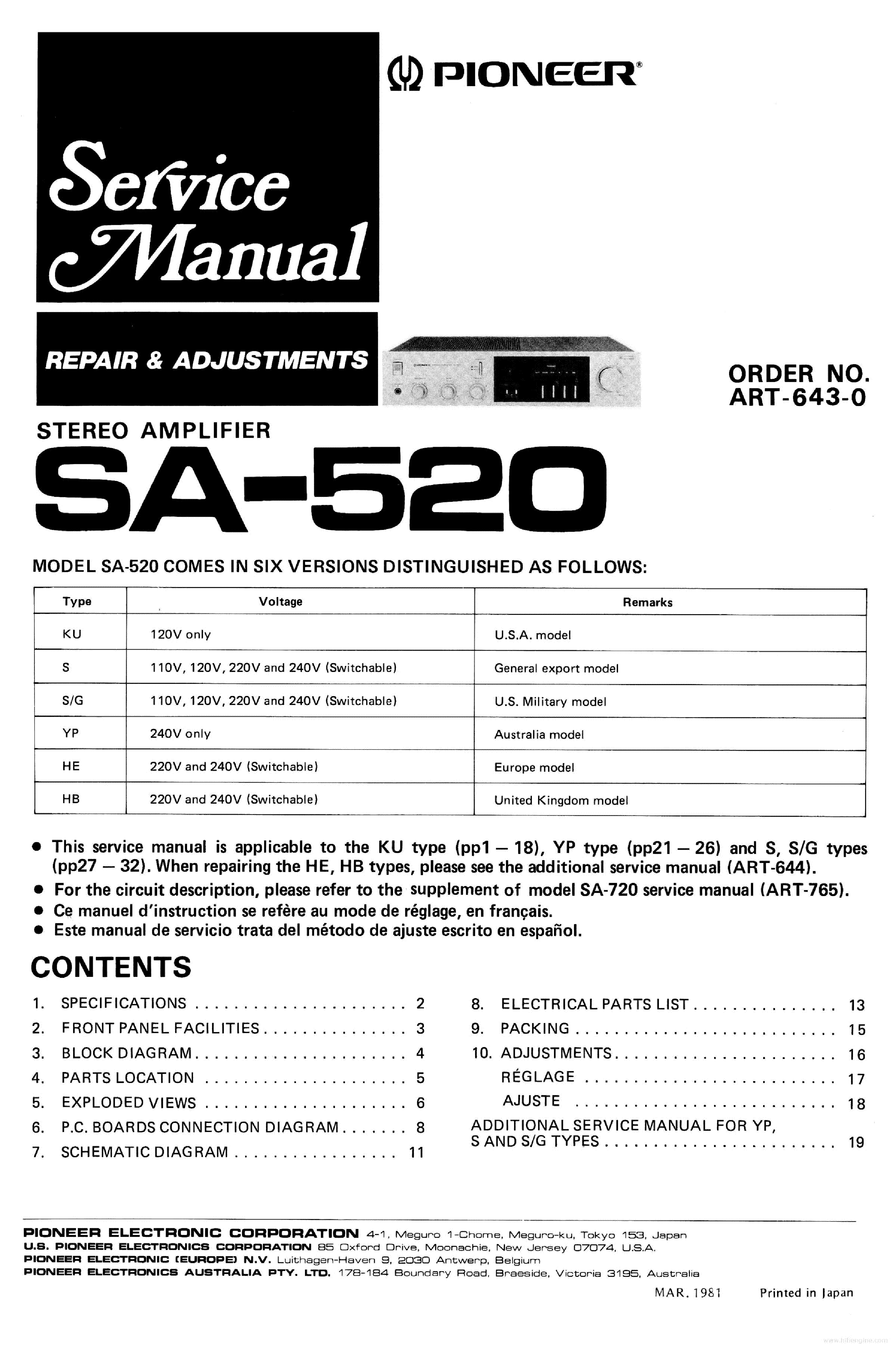 PIONEER SA-520 SA-205 CHASSIS GWK 170 GWK 171 ART-643-0 EN SM service manual (1st page)