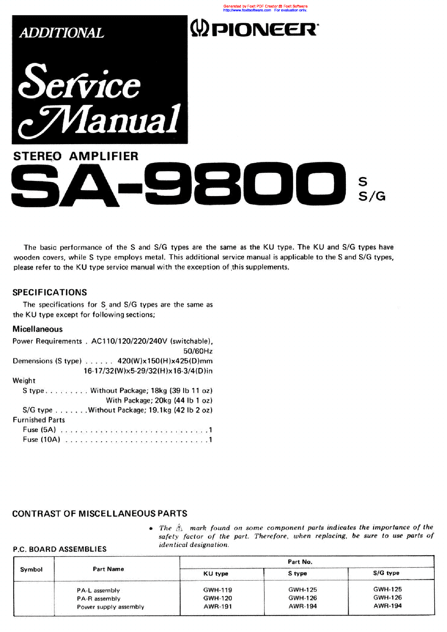 PIONEER SA-9800S SG SM-ADD service manual (1st page)